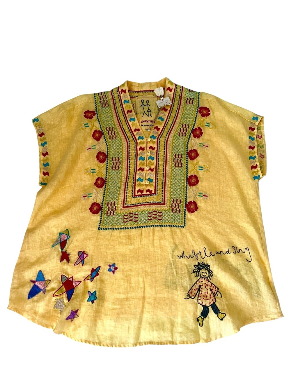 NWT Johnny Was 100% Nandi Linen Embroidered Boho Tunic Top Yellow Size Small